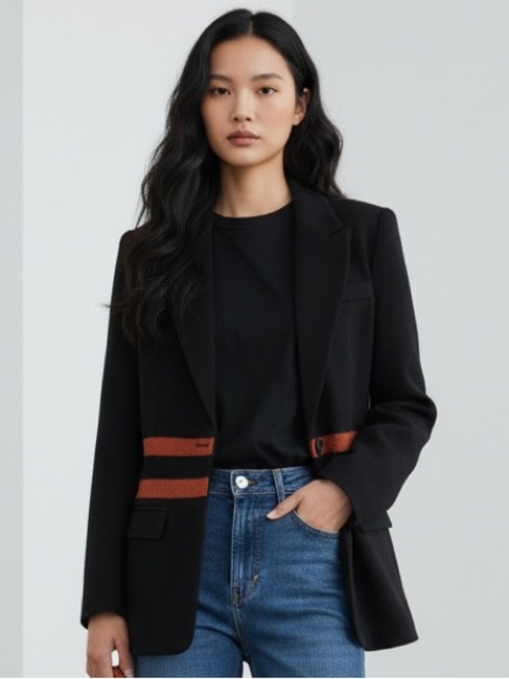 Smythe Black Wool Blazer Rust Stripe Detail Tailored Statement Coat Size 8